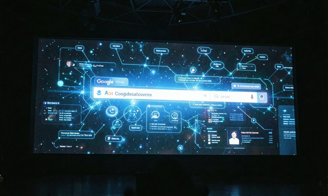 A Google search bar morphing into an AI interface, blue links dissolving into conversational bubbles, cinematic lighting, photojournalistic style