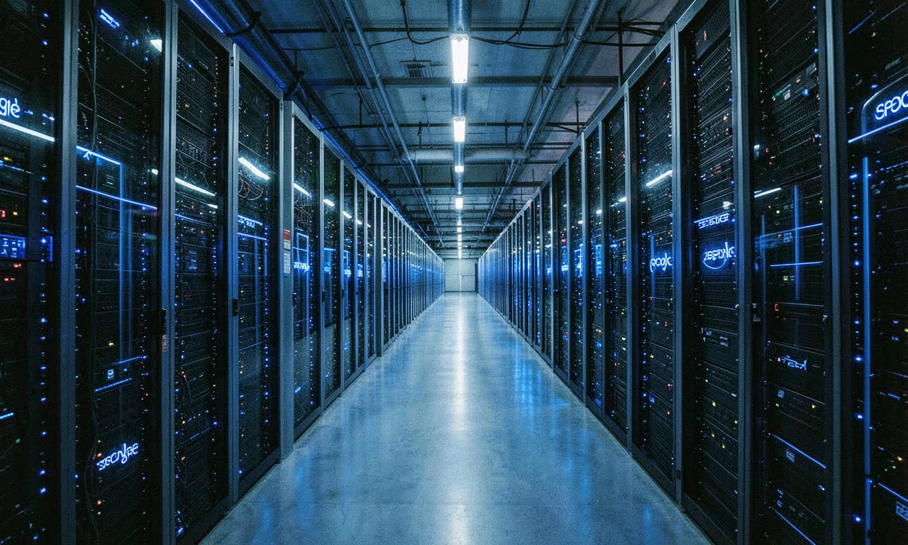 A massive server farm interior with rows of GPU units glowing under blue LED lighting, corporate signage reflected in glass, industrial scale, cinematic wide angle, ASA 400 film grain