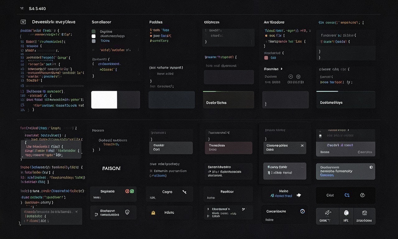 Design system components arranged on dark background with code overlay