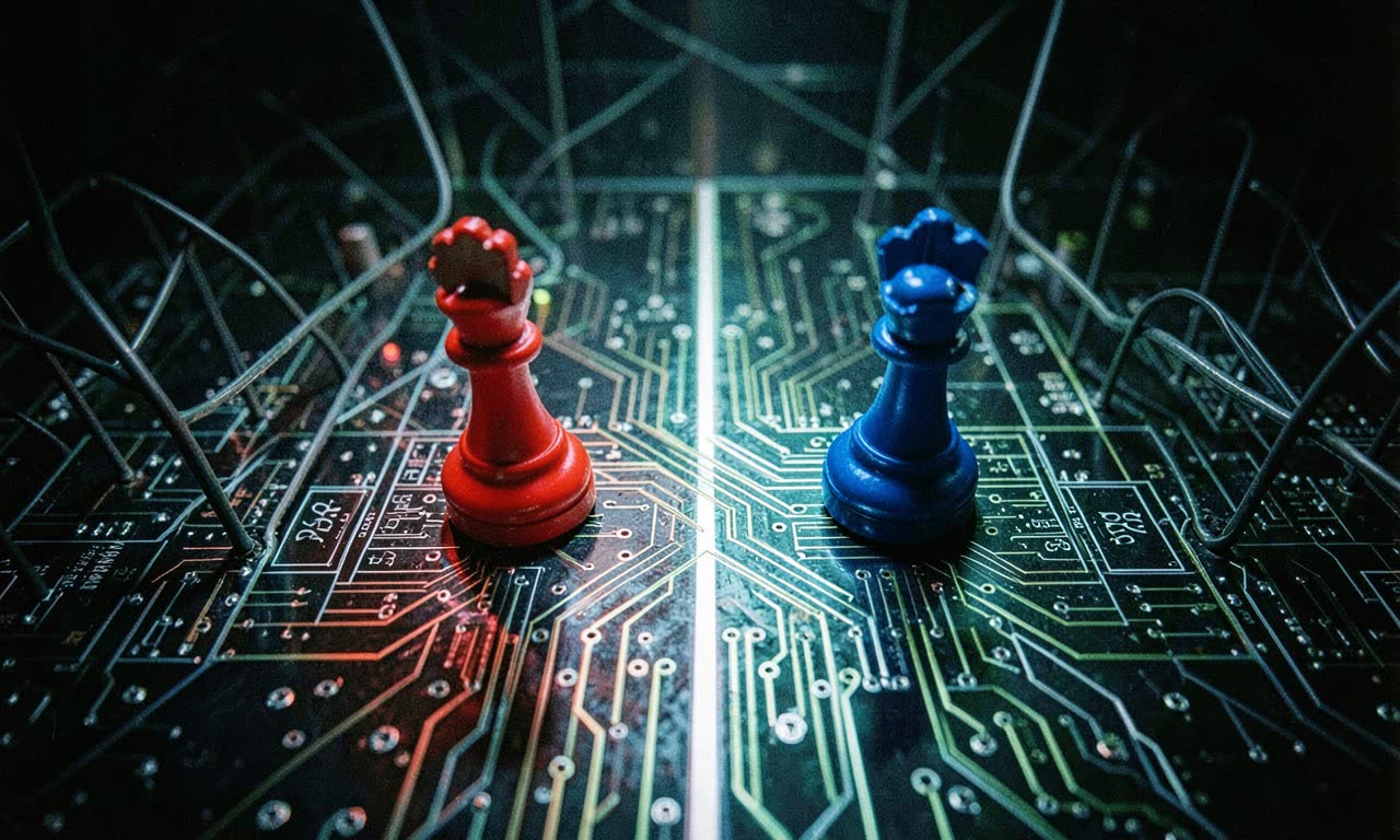 Two chess pieces facing each other across a digital cybersecurity maze, dramatic overhead lighting