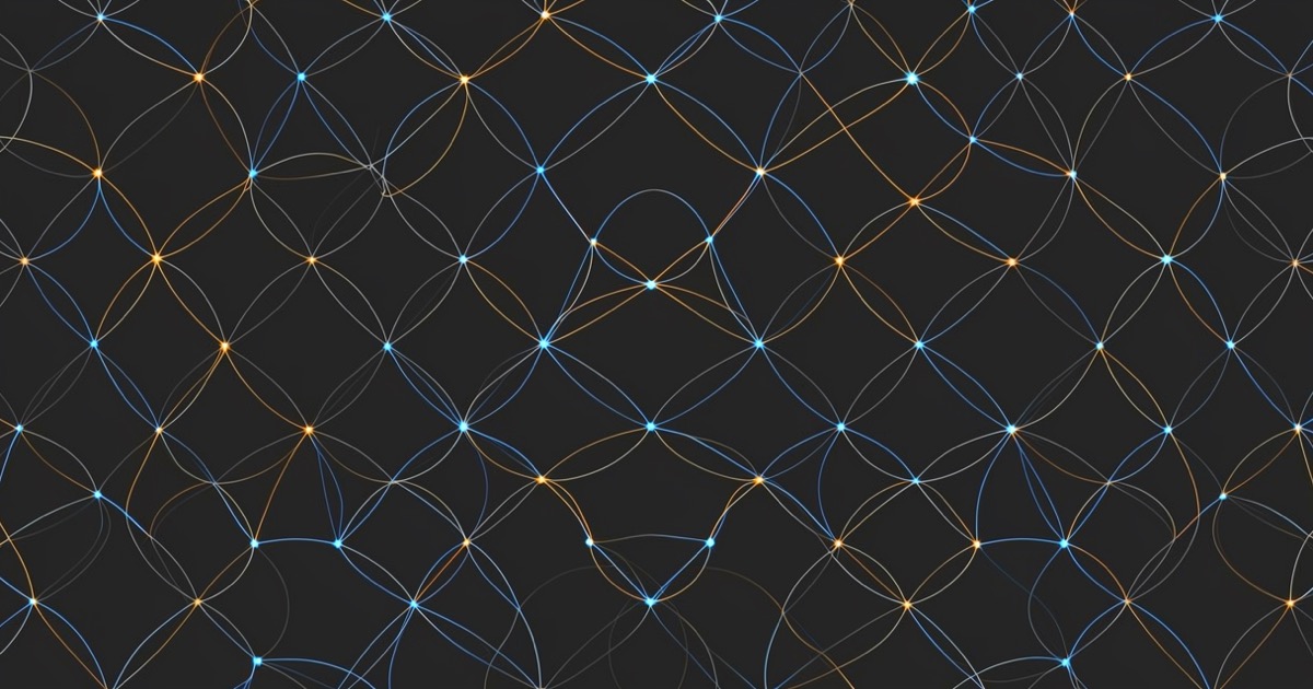 An abstract composition of interconnected geometric cycles forming a lattice pattern on a dark surface, with subtle amber and blue node highlights.
