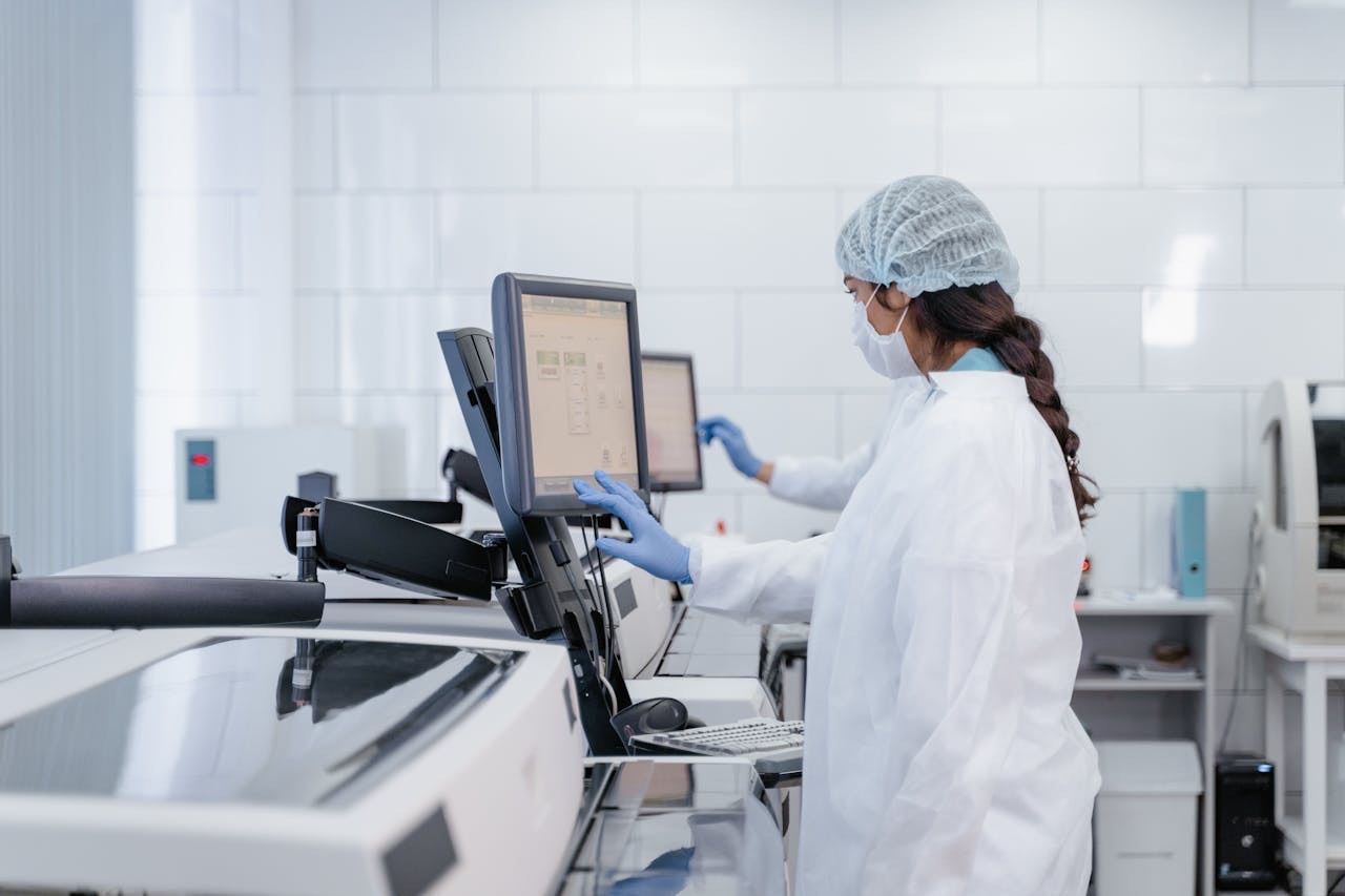 Holographic DNA helix in a high-tech laboratory with molecular data on screens