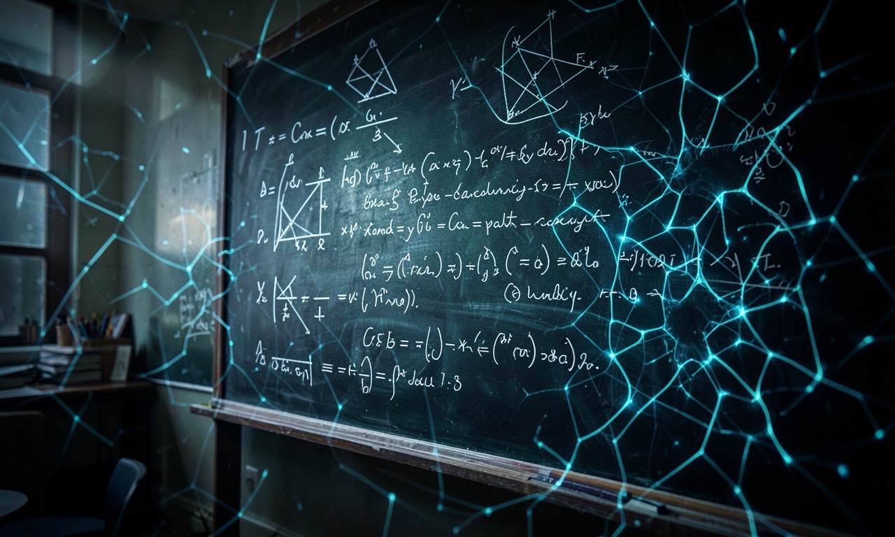 Mathematical proof on chalkboard with AI neural network overlay, dramatic academic lighting