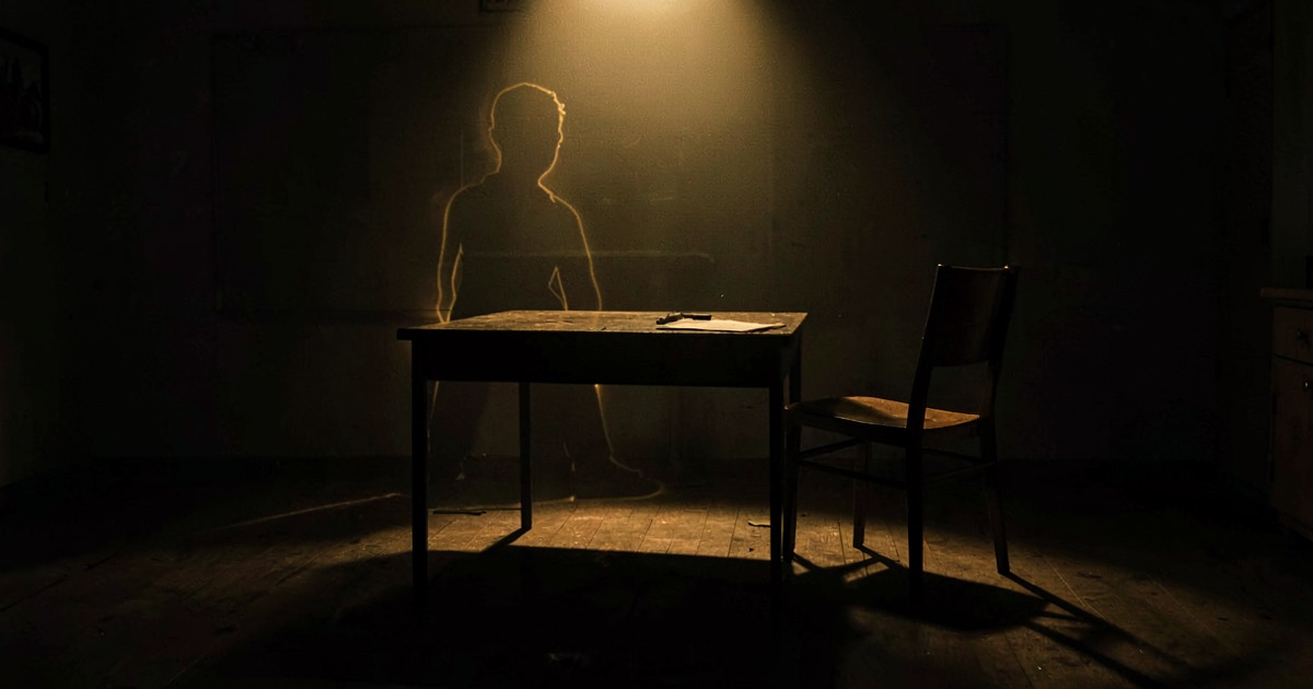A dark empty classroom with a single desk, warm light from above casting long shadows across the floor