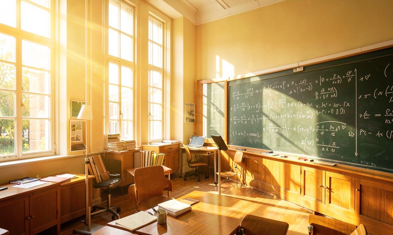 A bright university mathematics lecture hall with sunlight streaming through tall windows, chalkboard with elegant equations in white chalk, warm golden light, scholarly and optimistic