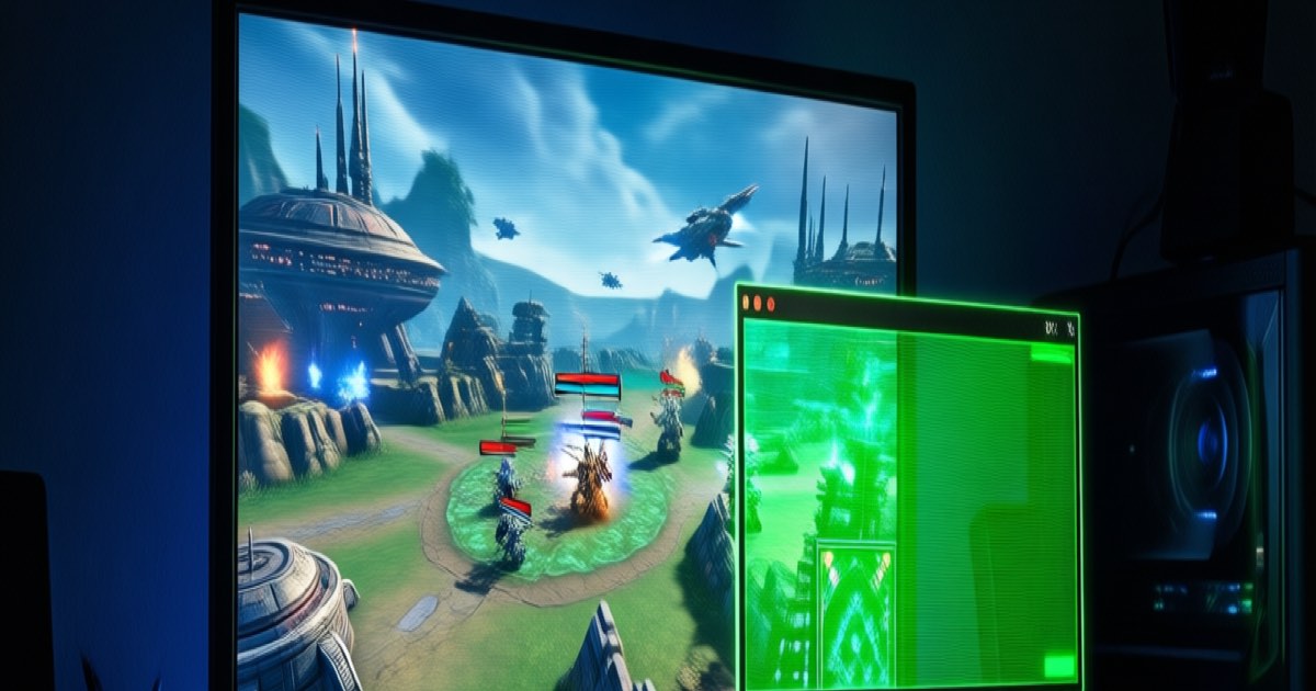 A dimly lit desk with a single wide monitor glowing over a retro real-time strategy battlefield, with a second smaller glowing window hovering apart from the rest.