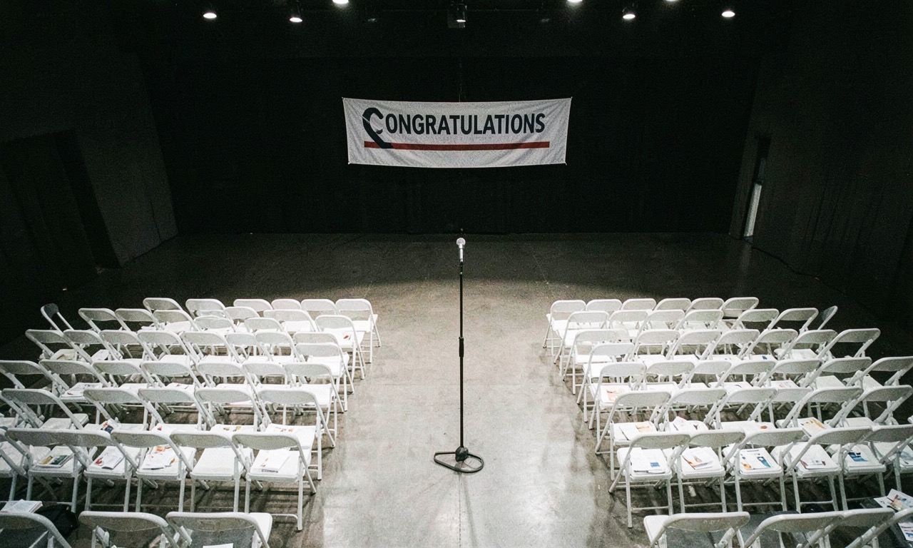 Empty graduation stage with rows of chairs and a microphone standing alone under harsh lights