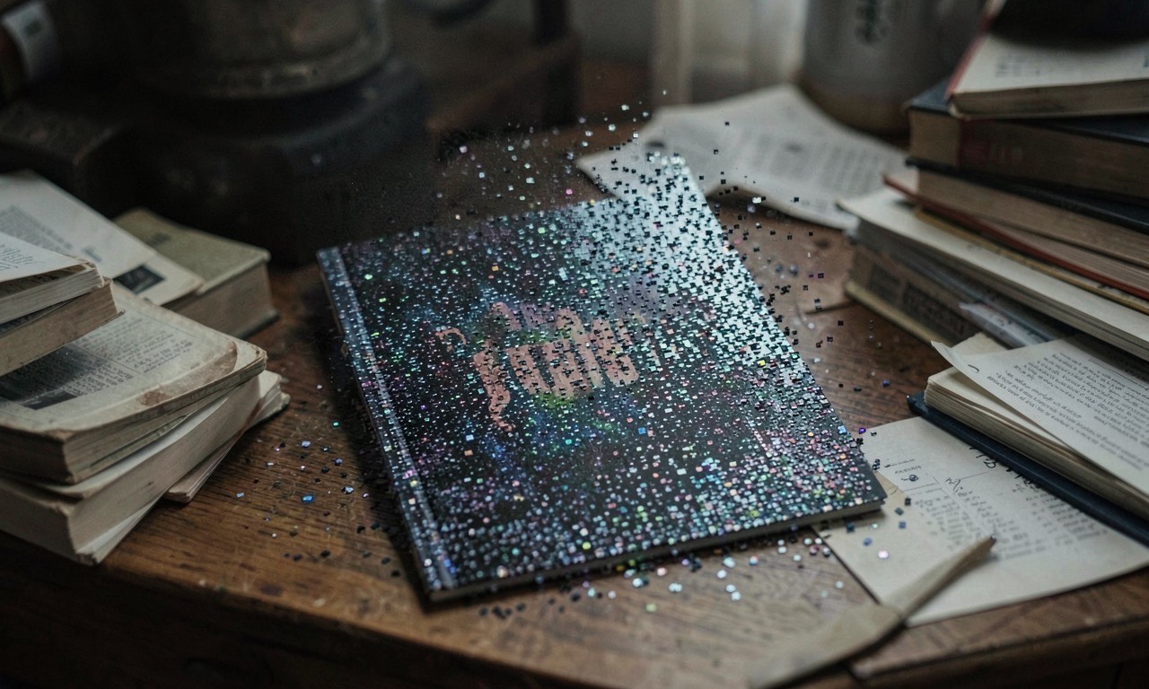 A literary magazine cover dissolving into digital pixels, books and papers on a desk, muted tones