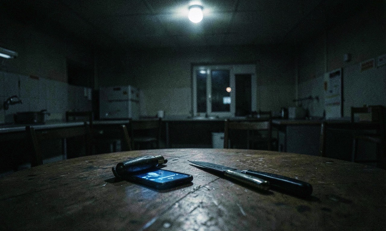 Phone screen glowing in a dark kitchen with a hammer on the table, dramatic overhead lighting, photojournalistic