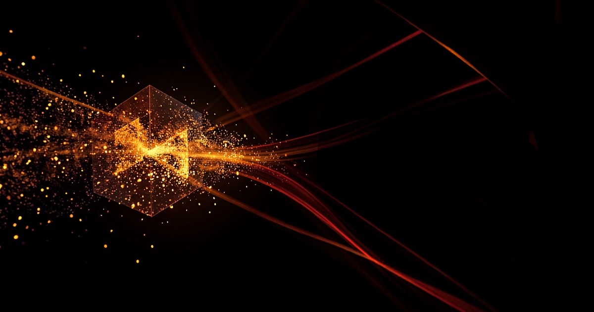 Abstract composition of glowing particles flowing from a contained box into an open void against a dark background