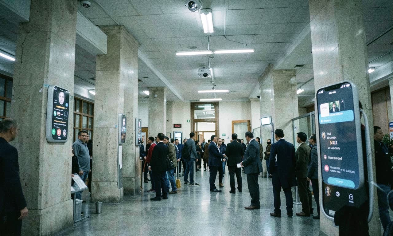 A government building with biometric scanners and a phone showing a chatbot interface, cold institutional lighting, documentary style