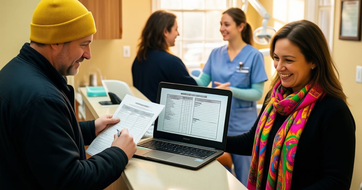 A dental clinic manager in a yellow beanie and a colleague review a hiring plan on a laptop at a reception desk while a dental hygienist greets a patient in the background, warm morning light, documentary editorial photography