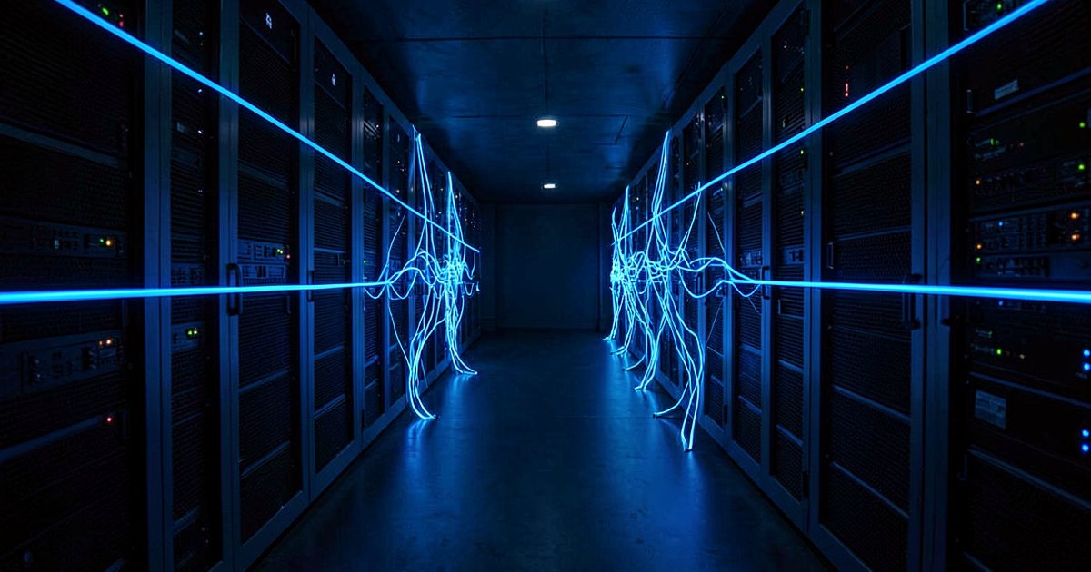 A dark server room corridor with glowing blue ethernet cables forming a protective barrier
