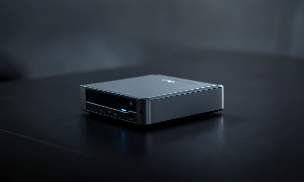 A sleek minimalist AI hardware device on a dark desk, futuristic product photography, dramatic lighting