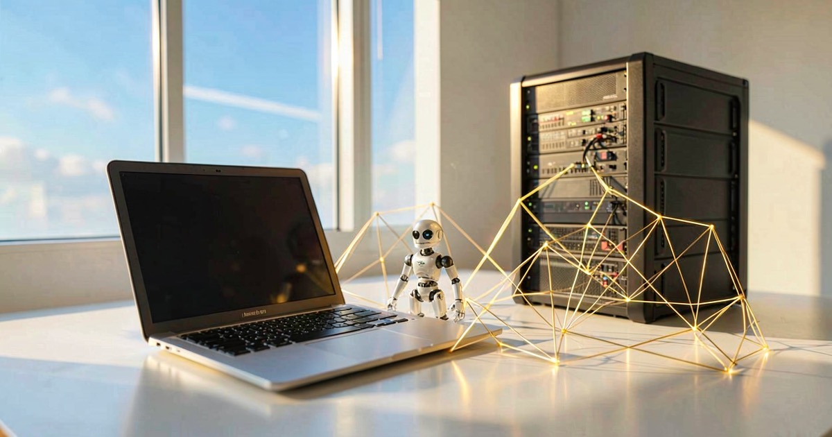 A laptop, a small robot, and a server rack connected by glowing network lines forming a mesh pattern, with bright warm lighting