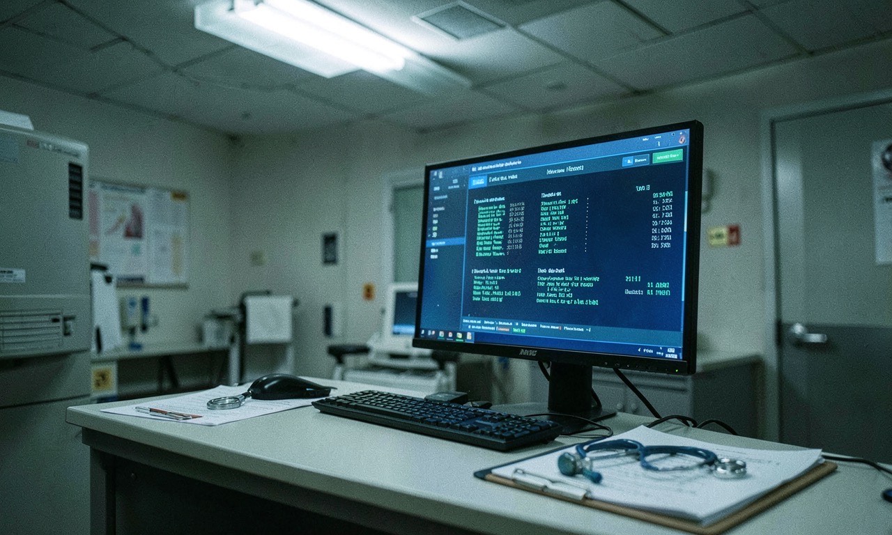 Emergency room triage desk with AI diagnostic screen glowing, stethoscope and clipboard nearby