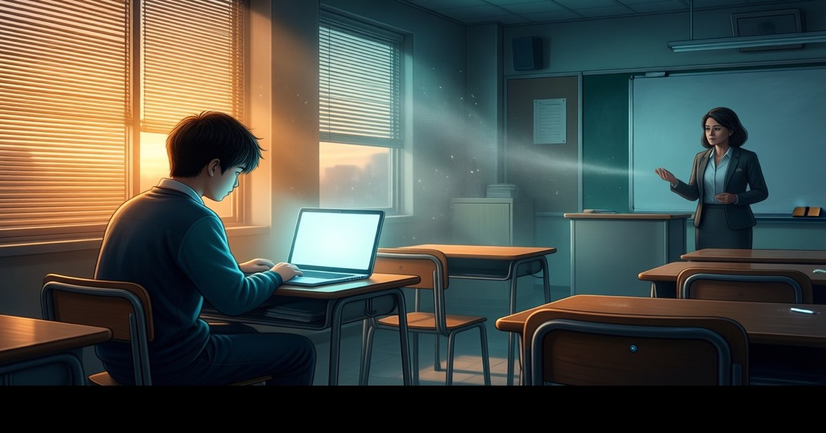 A lone student works at a classroom desk while a teacher watches from a distance, the space between them rendered as a soft glowing wall of doubt