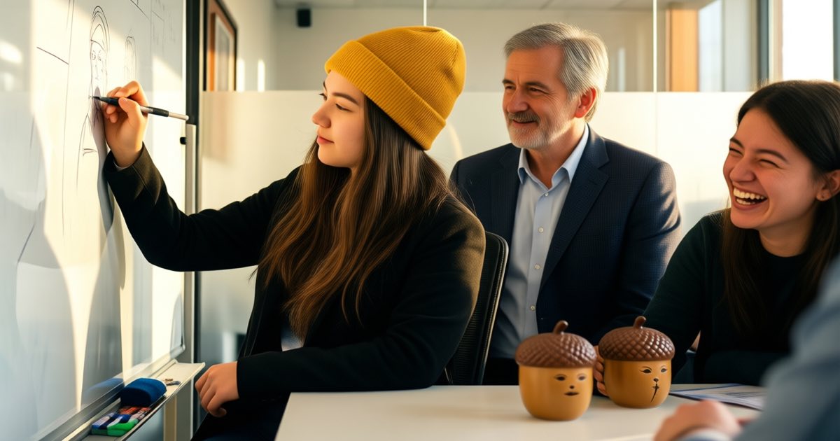 A young female junior engineer in a mustard yellow beanie sketches on a whiteboard beside a grey-haired male mentor and a colleague holding an acorn-shaped coffee mug in a tech office meeting room, warm afternoon light, documentary editorial photography