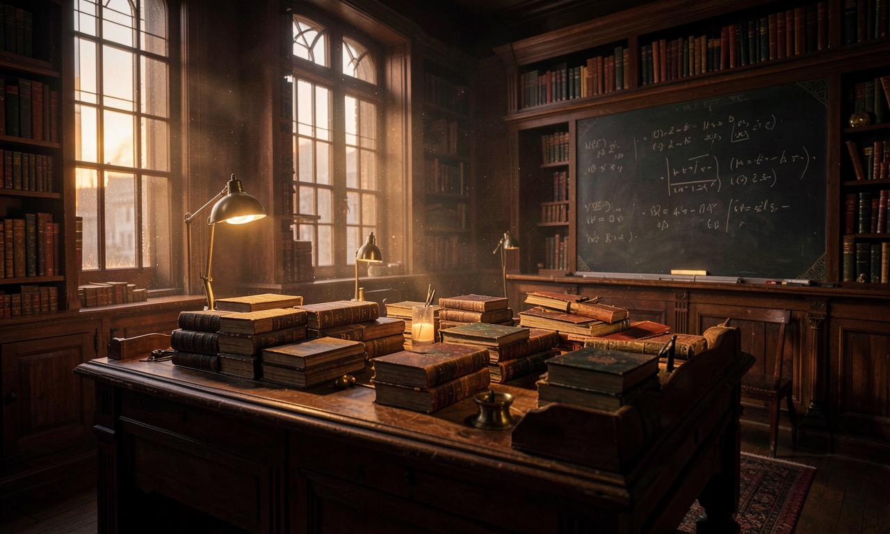 A turn-of-the-century physics library with leather-bound journals stacked on wooden tables, a blackboard covered in equations no observer has yet derived
