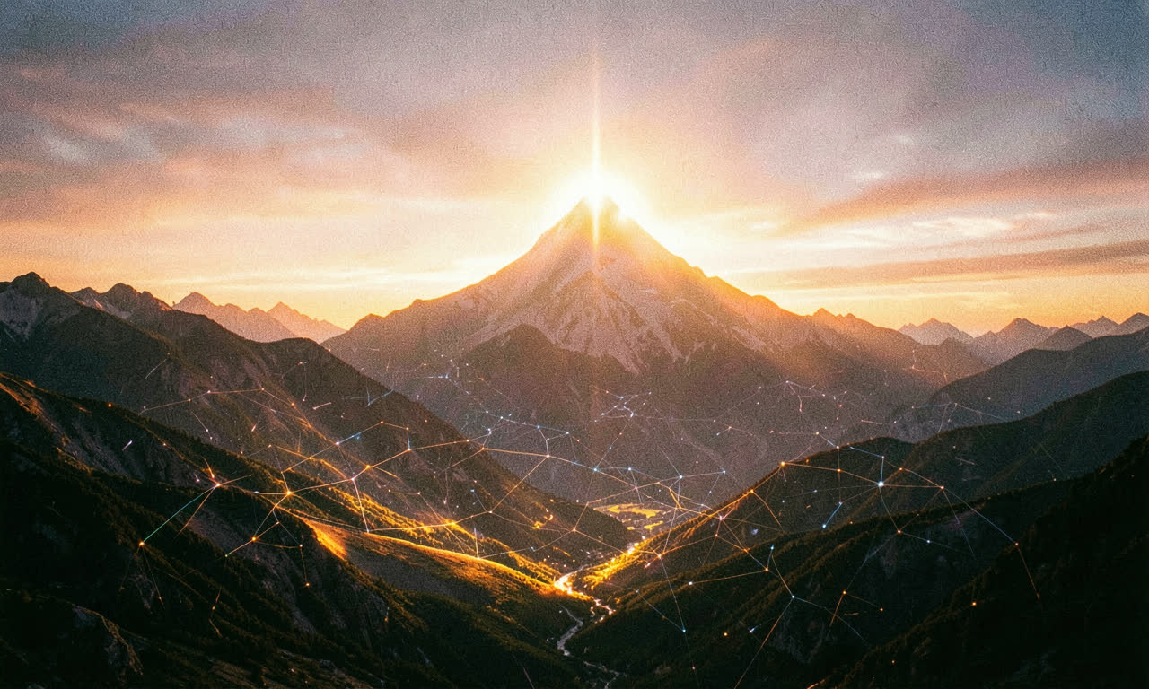 A mountain landscape with glowing foothills and a distant peak representing singularity, dramatic sunrise lighting, 35mm photography style