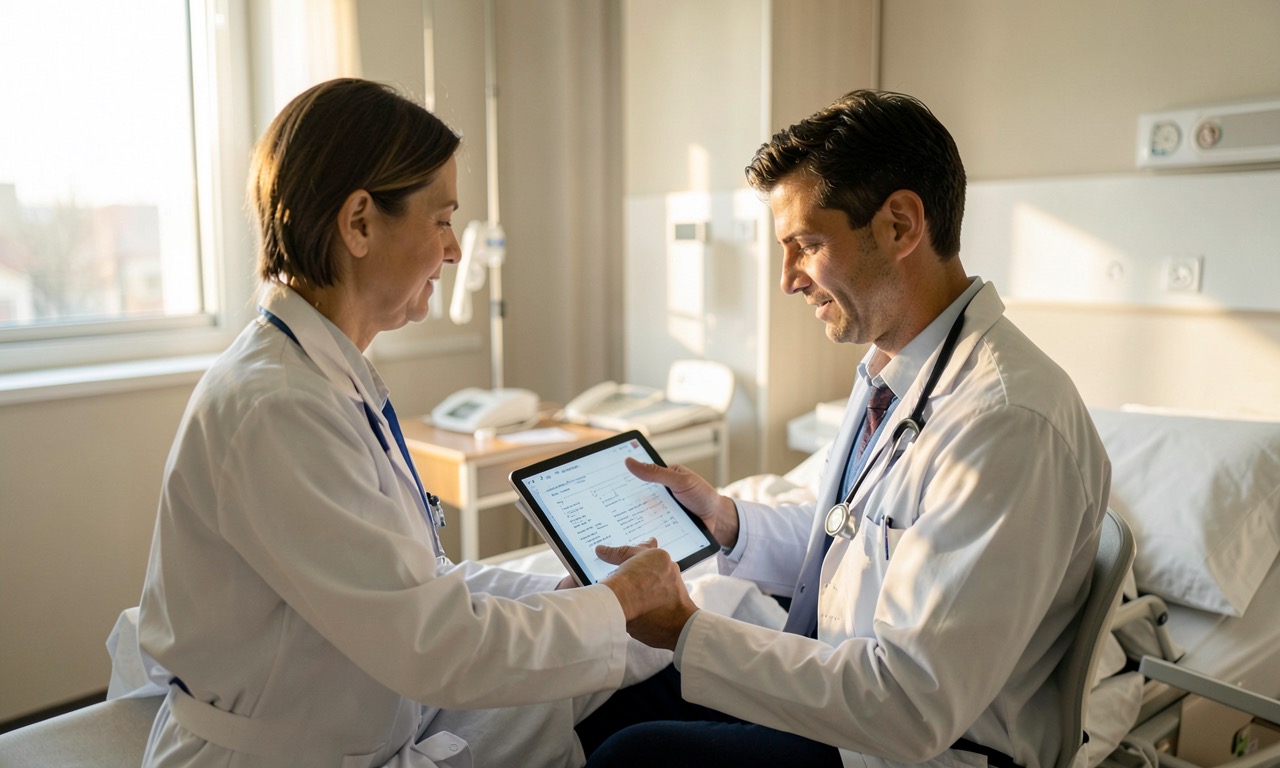 A hospital corridor with fluorescent lighting and a clipboard on a desk beside a smartphone, photojournalistic style, muted tones