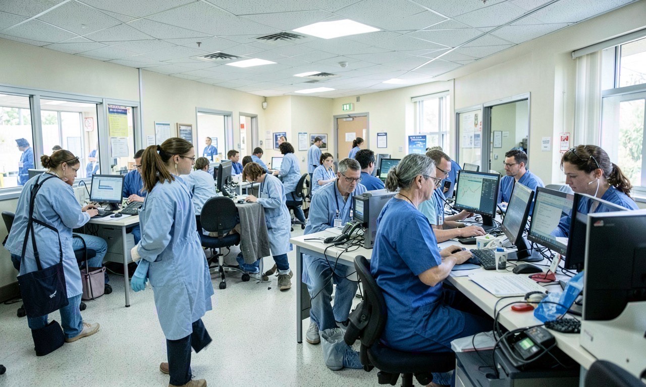 A hospital emergency department triage desk with a laptop screen showing AI text, fluorescent overhead lighting, photojournalistic style, muted colours
