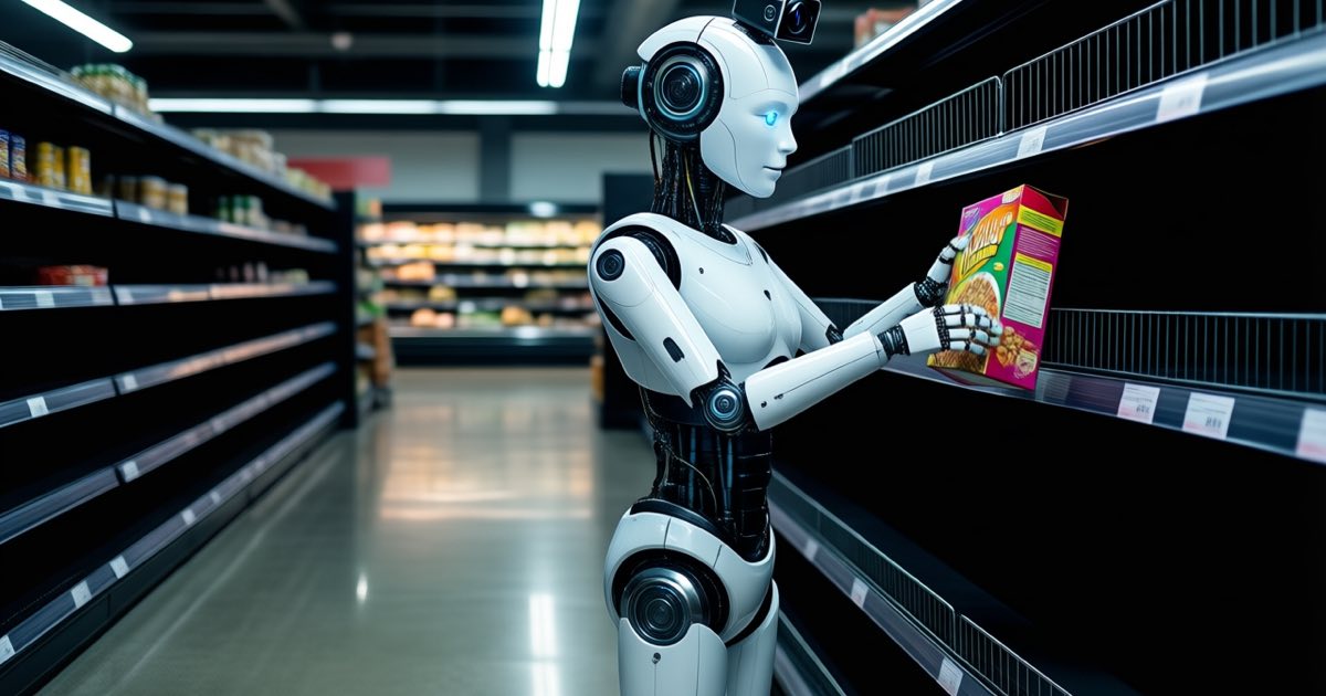 A tall humanoid robot placing a colourful cereal box onto a supermarket shelf at night in an empty, dimly lit European grocery store