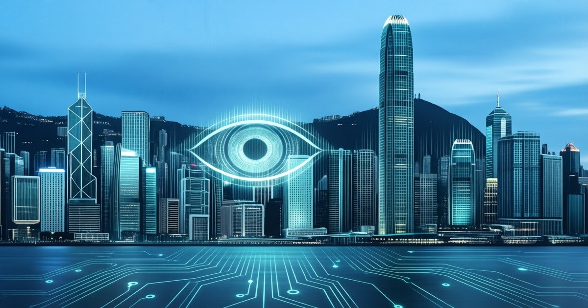 Hong Kong skyline at dusk rendered in cool teal tones with a watchful digital eye motif glowing among the office towers, surveillance and regulation mood