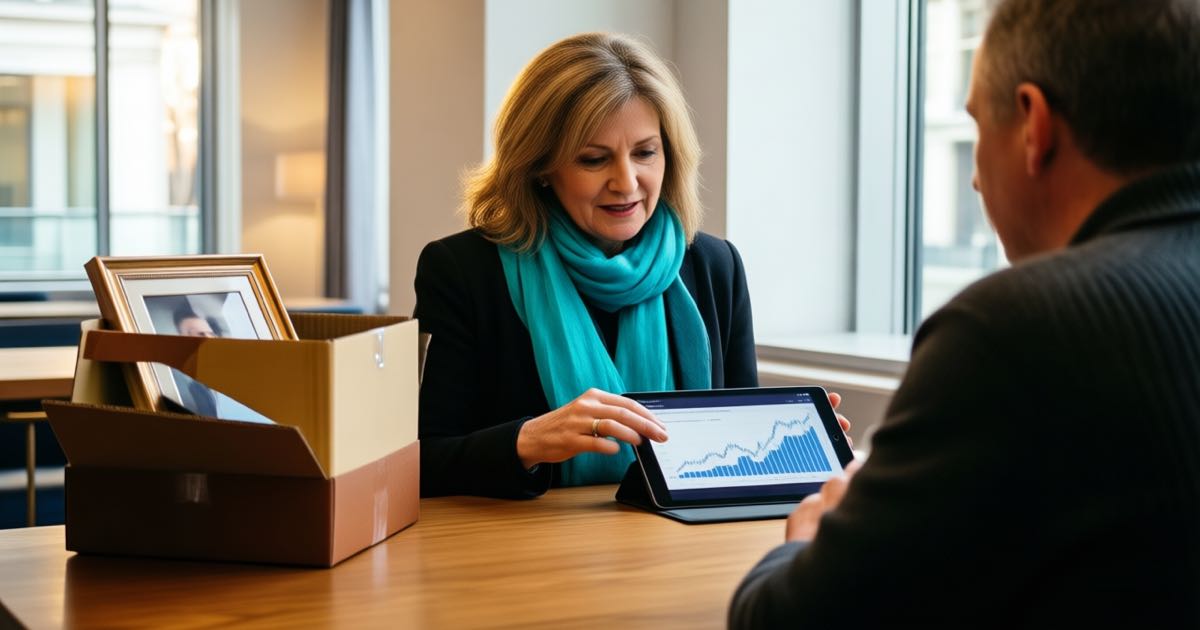 A financial adviser wearing a teal scarf shows investment charts on a tablet to a client in a warm, plant-filled advisory lounge with a half-packed box on a side desk, documentary editorial photography