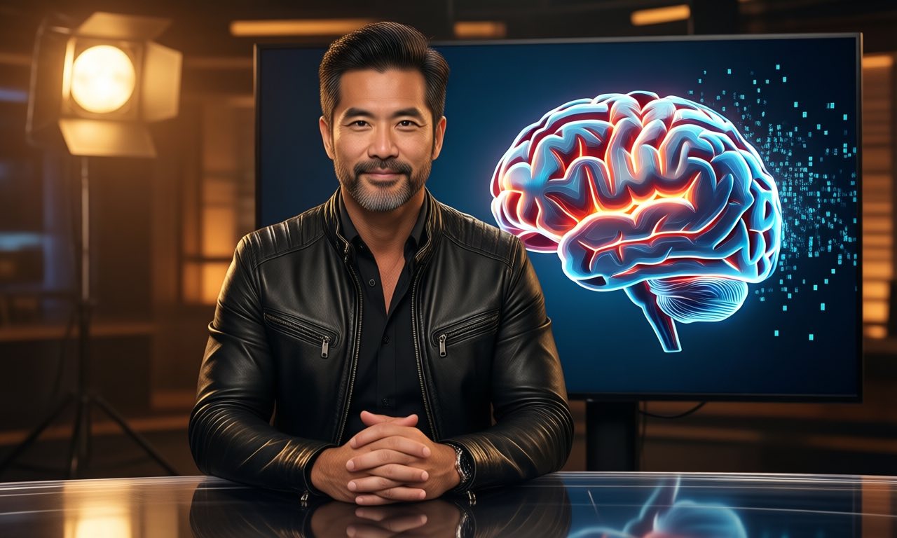 A tech executive in a black leather jacket at a TV studio news desk, a screen behind him showing a glowing neural network dissolving into pixels, editorial illustration style