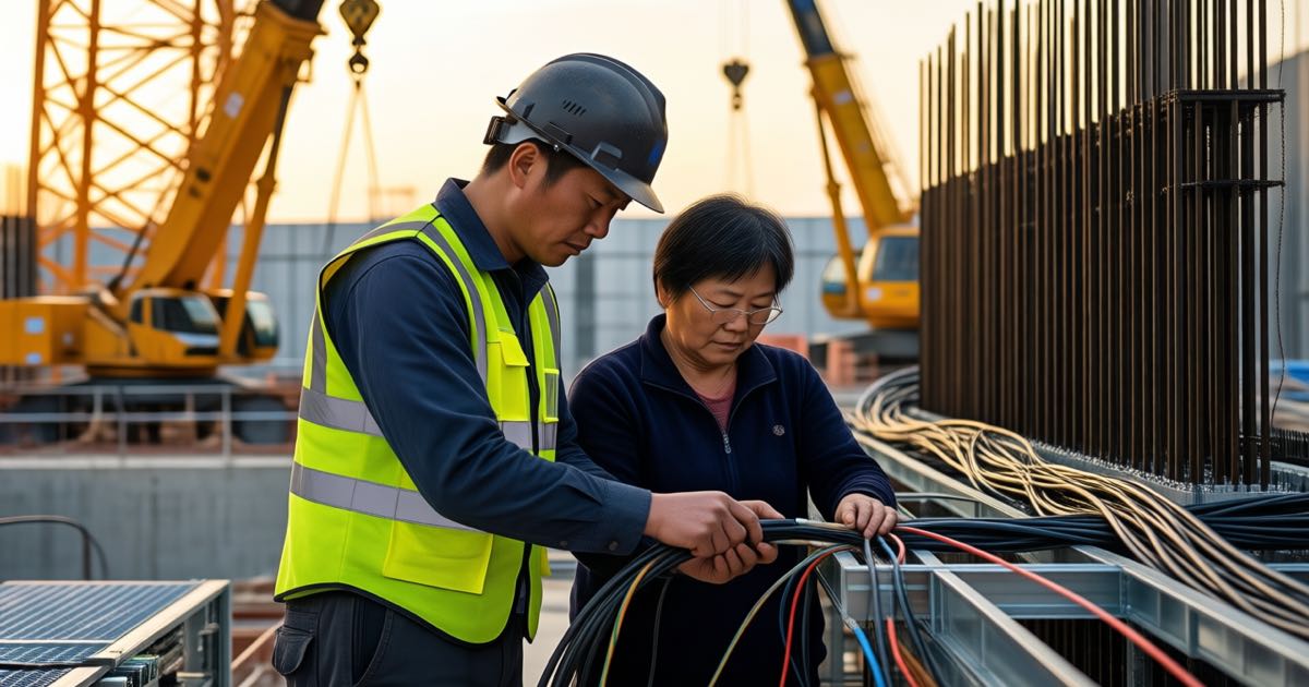 An apprentice electrician in a high-vis vest and bucket hat working alongside an older tradeswoman at a data centre construction site in golden afternoon light, documentary style