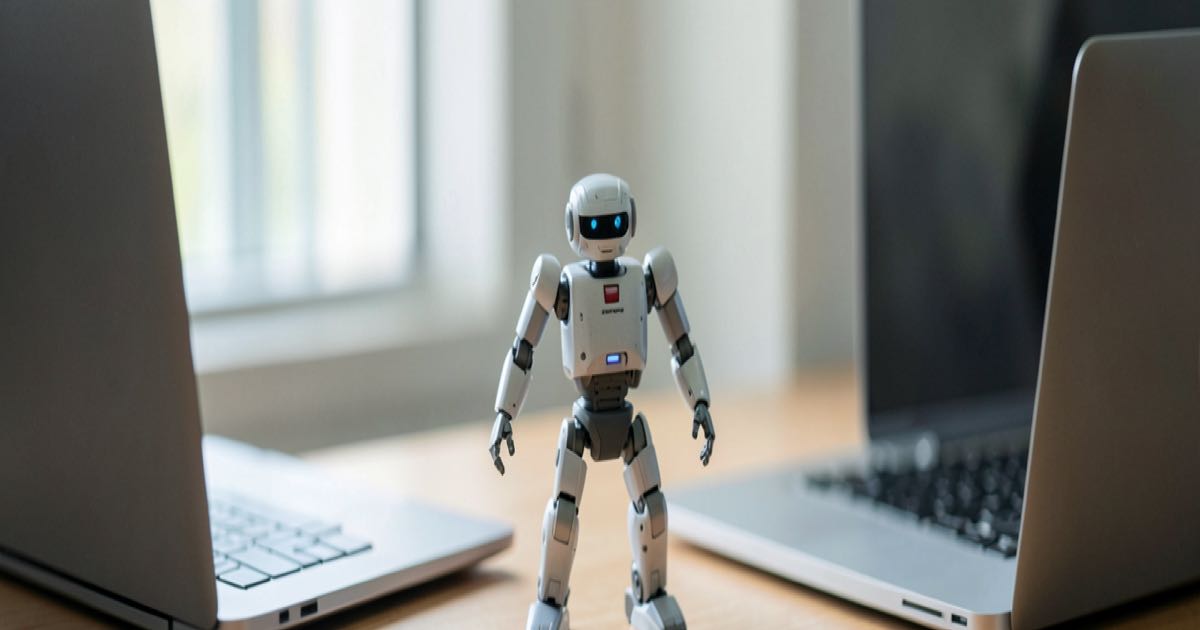 A small bipedal robot standing on a desk between two laptops, editorial photography, natural light