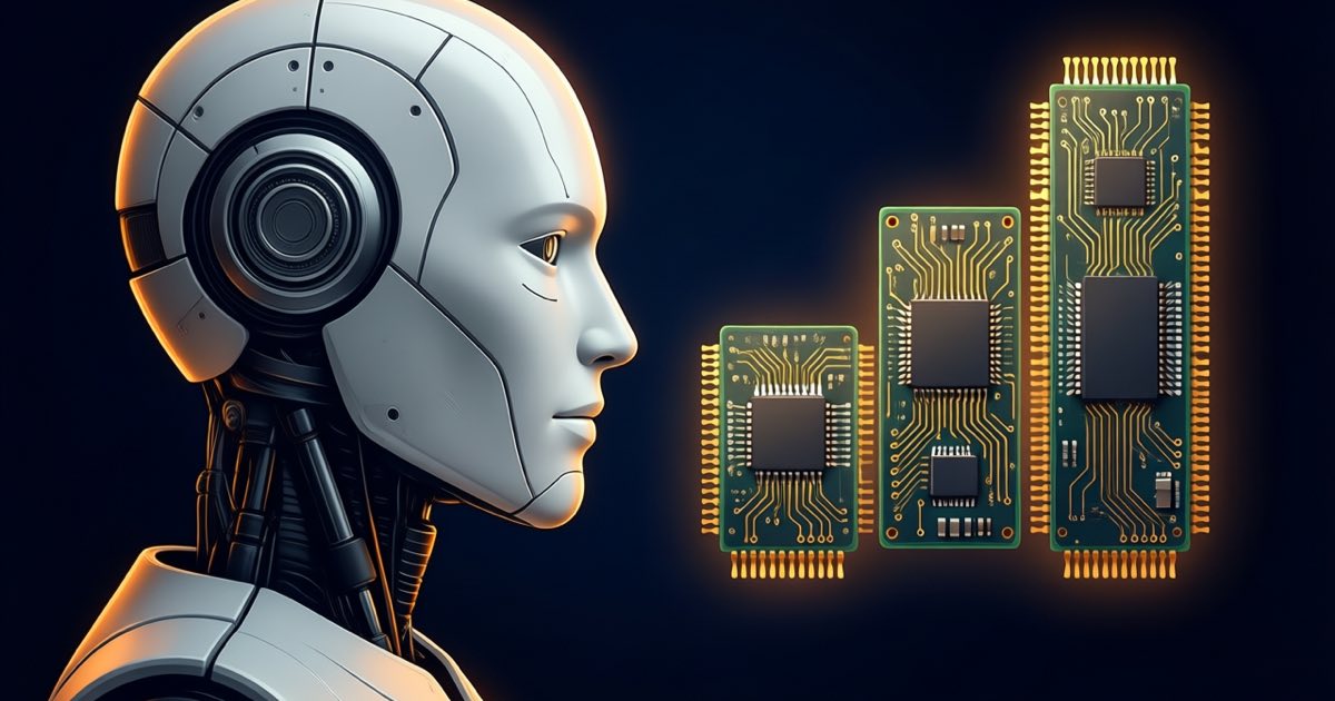 A humanoid robot head in profile with glowing memory chip modules floating alongside it, visualising the AI RAM requirements of physical AI hardware