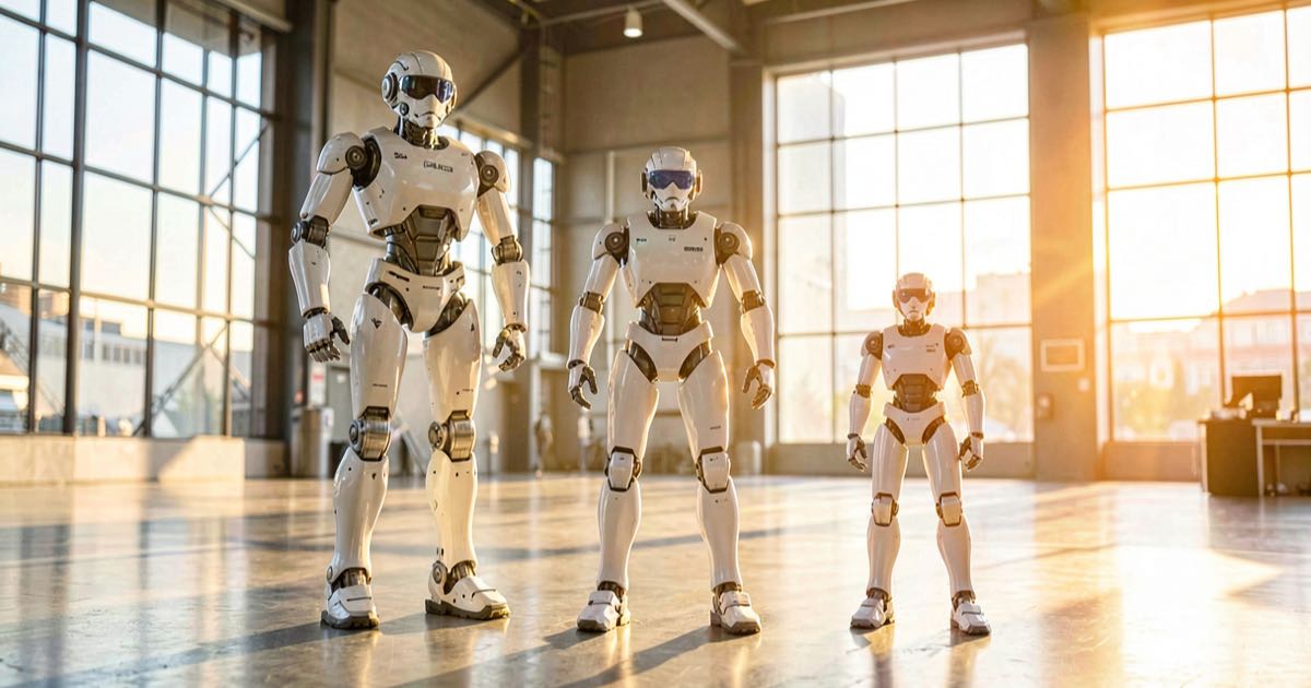 Three humanoid robots — Atlas, Optimus, and a Unitree G1 — standing side by side in a bright factory environment, each at different heights and builds.