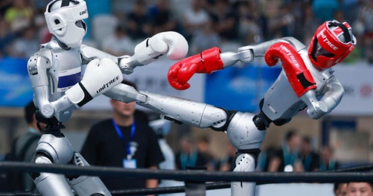 Humanoid robots compete in kickboxing at the 2nd World Humanoid Robot Games at the National Speed Skating Oval in Beijing, August 2026