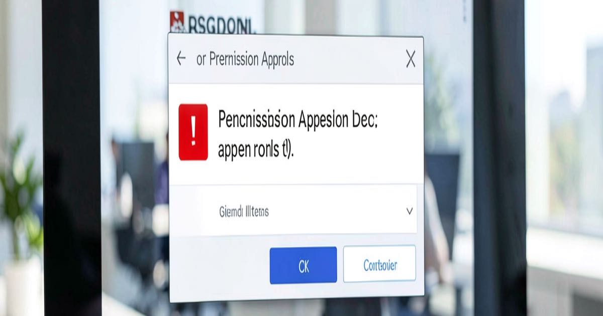 A computer terminal screen showing a permission approval dialog box with a warning indicator, against a bright office background.