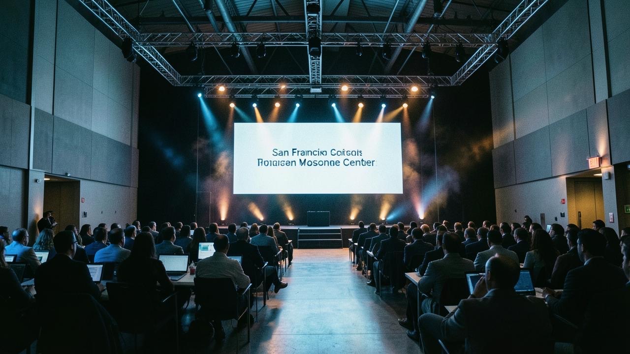Conference hall with large screen displaying AI text, audience of tech professionals, dramatic stage lighting