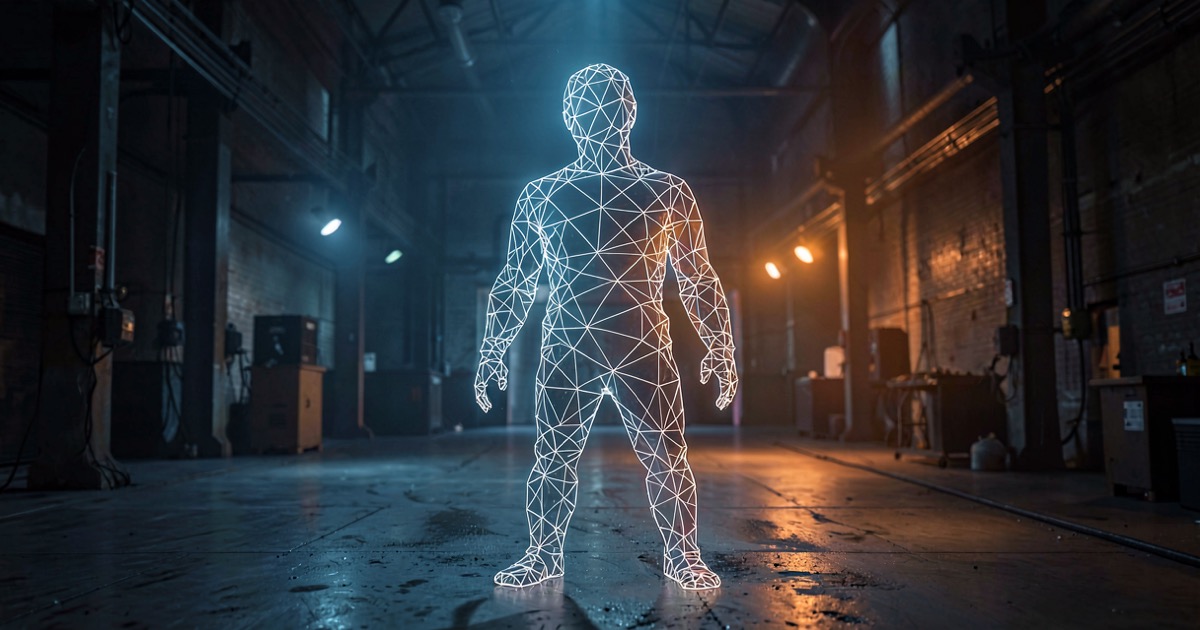 Abstract composition of a humanoid silhouette dissolving into geometric wireframe segments, dark factory floor atmosphere with cool steel-blue and warm orange industrial lighting