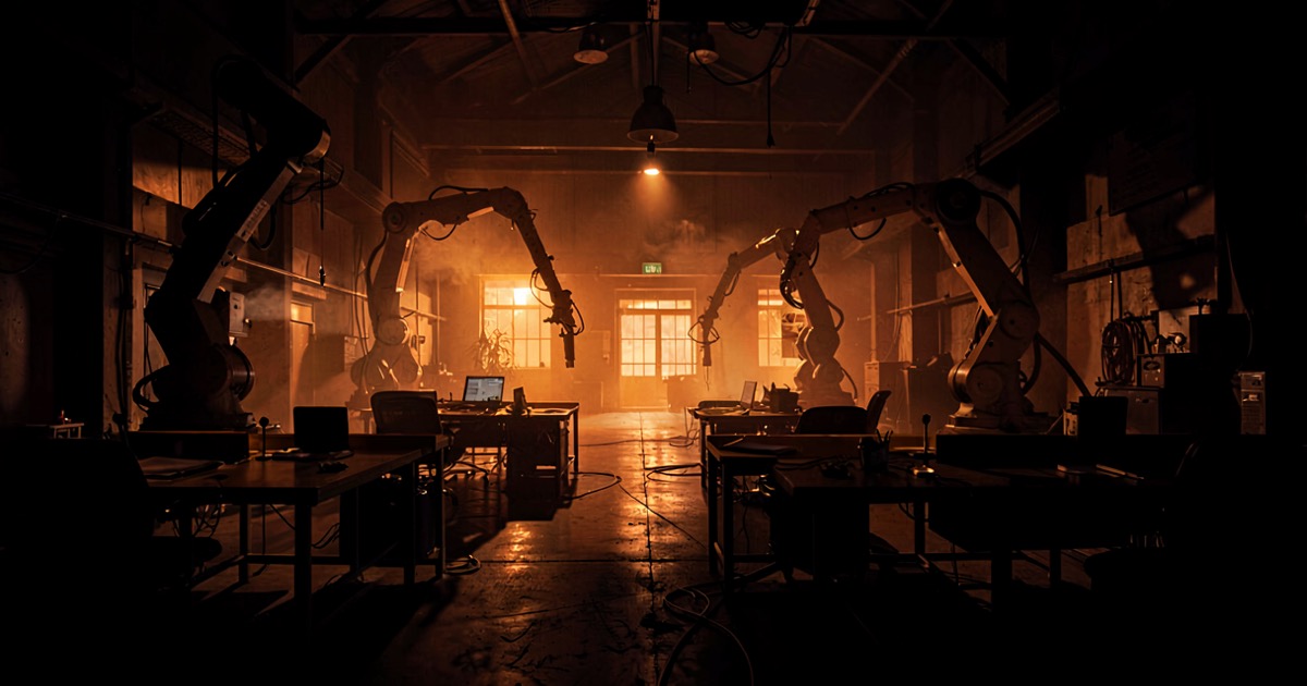 A dark factory floor with robotic arms silhouetted against orange industrial lighting, empty human workstations in the foreground