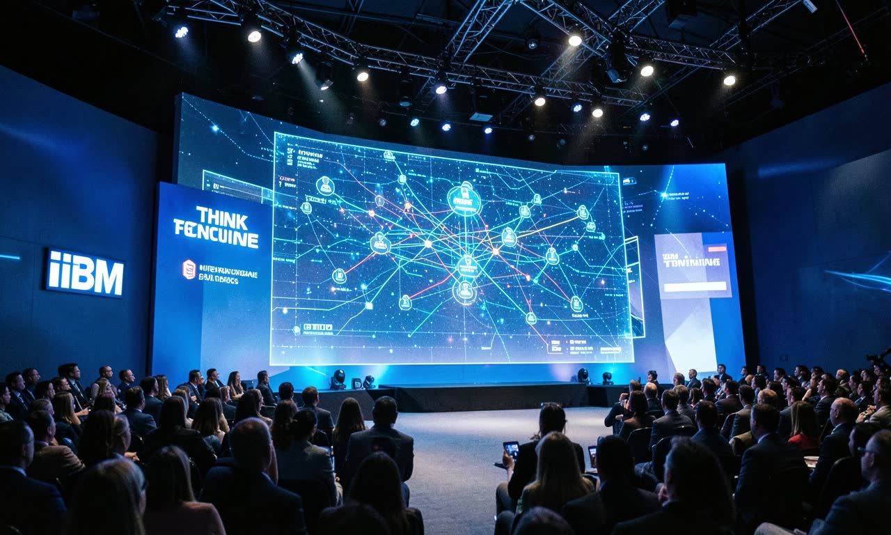 IBM Think conference stage with agentic AI dashboard, blue stage lighting, corporate atmosphere