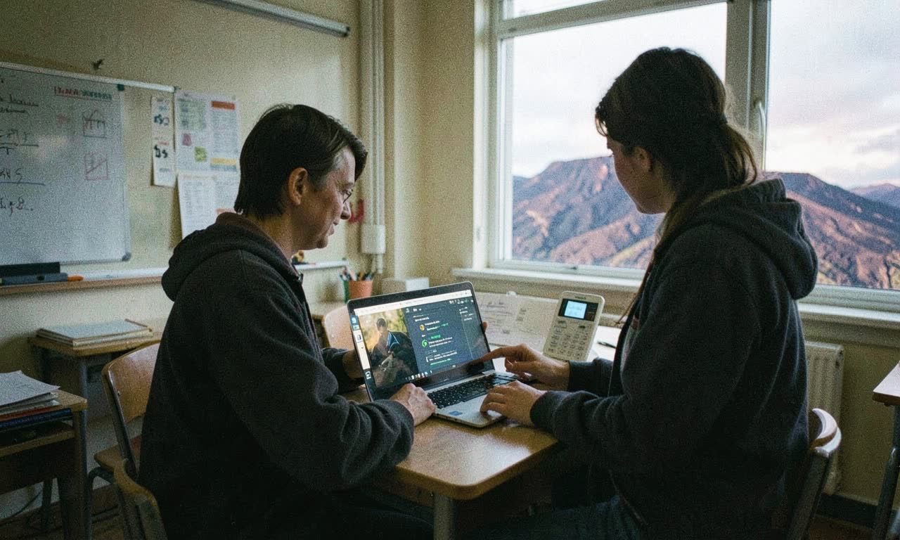 Icelandic school classroom with teacher using AI assistant on laptop, northern light through window