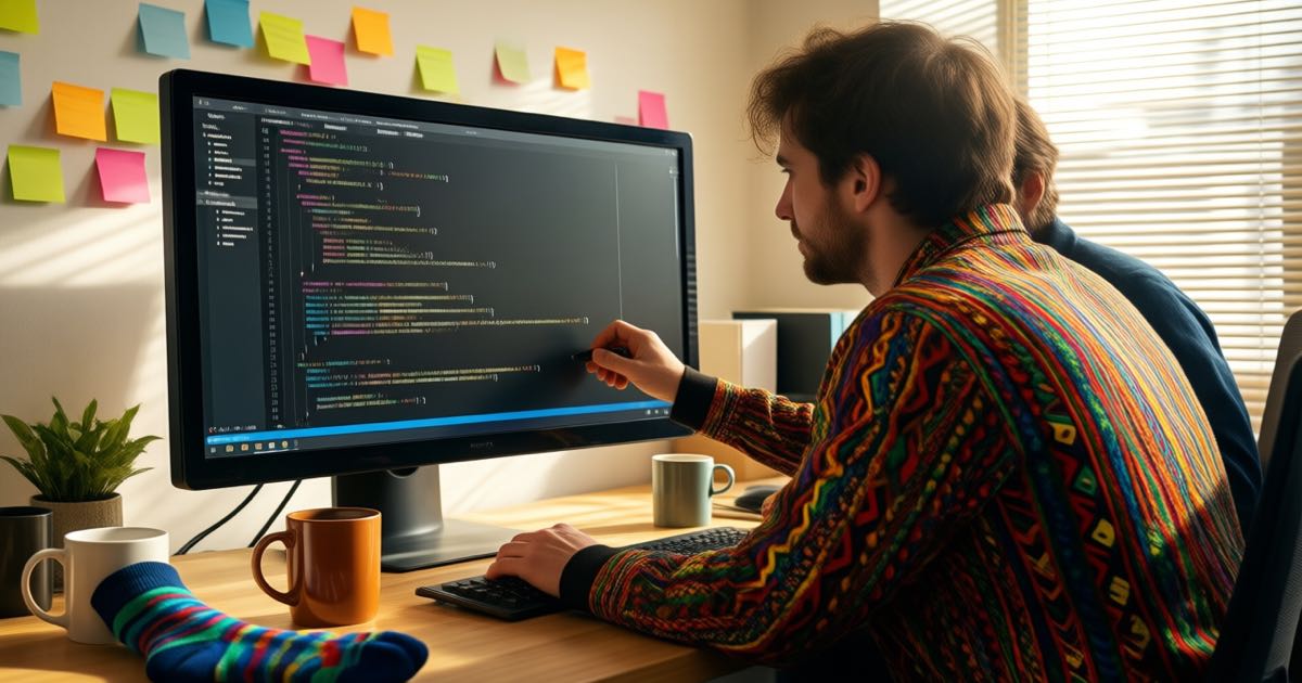 Two software engineers reviewing code on a large monitor in a bright modern office, one wearing odd socks visible under the desk, sticky notes on the wall, natural window light, documentary style