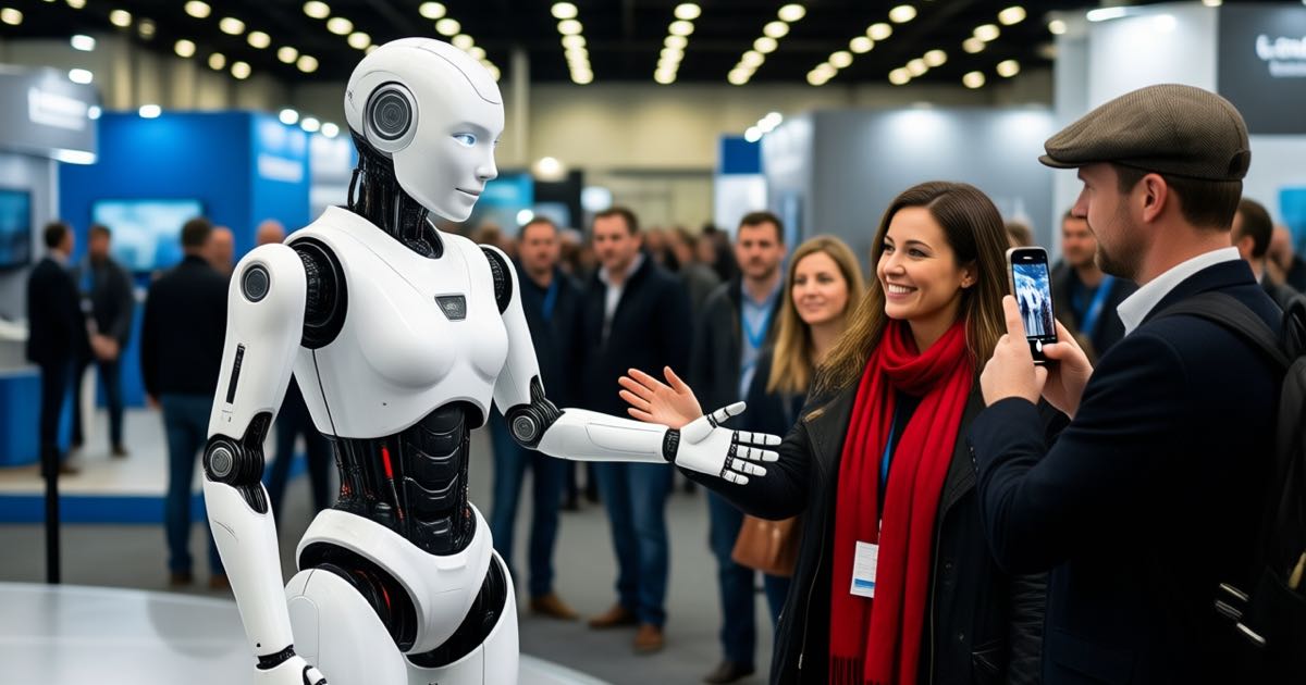 A humanoid robot greeting visitors on an exhibition floor at a technology trade show
