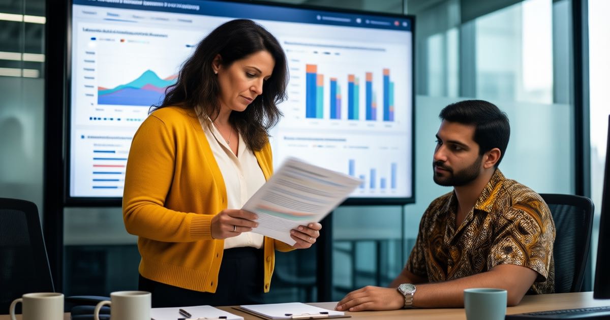 A woman recruiter in a mustard cardigan and a male colleague in a patterned batik shirt reviewing blurred job-posting analytics on a wall screen in a bright recruitment office, mugs and notepads on the desk, morning light, documentary editorial photography