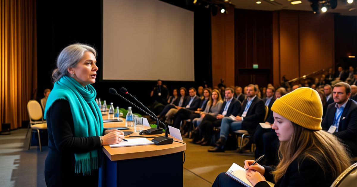A panellist in a bright teal scarf speaks at a conference table during an economic forum while a young audience member in a yellow beanie takes notes, warm stage lighting, documentary editorial photography