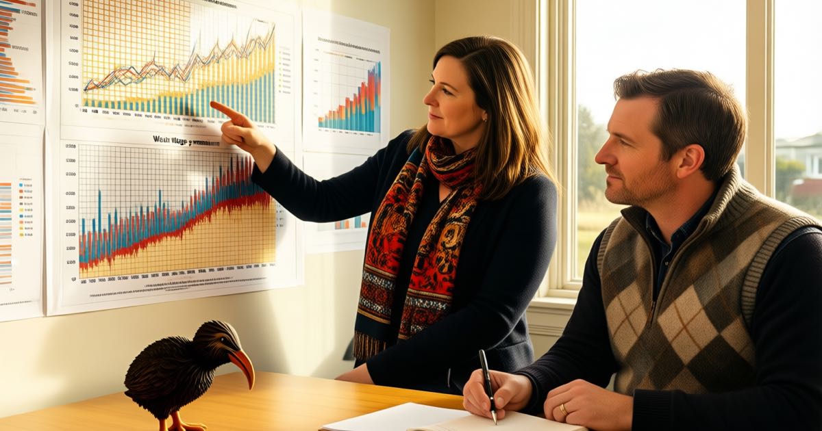 A woman analyst and a man in a woollen vest standing at a wall of printed labour-market charts in a bright New Zealand office, one wearing a bold patterned scarf, warm morning window light, documentary editorial photography