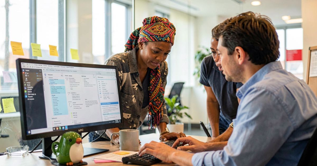 A job candidate wearing a colourful patterned headscarf and a recruiter reviewing applications on a large office monitor, a kiwi-shaped mug on the desk, sticky notes on the glass wall, warm window light, documentary style