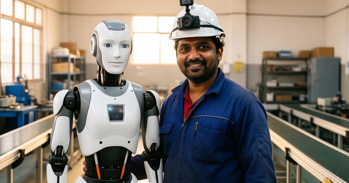 Illustration of a worker wearing a head-mounted camera beside a humanoid robot in an industrial training facility