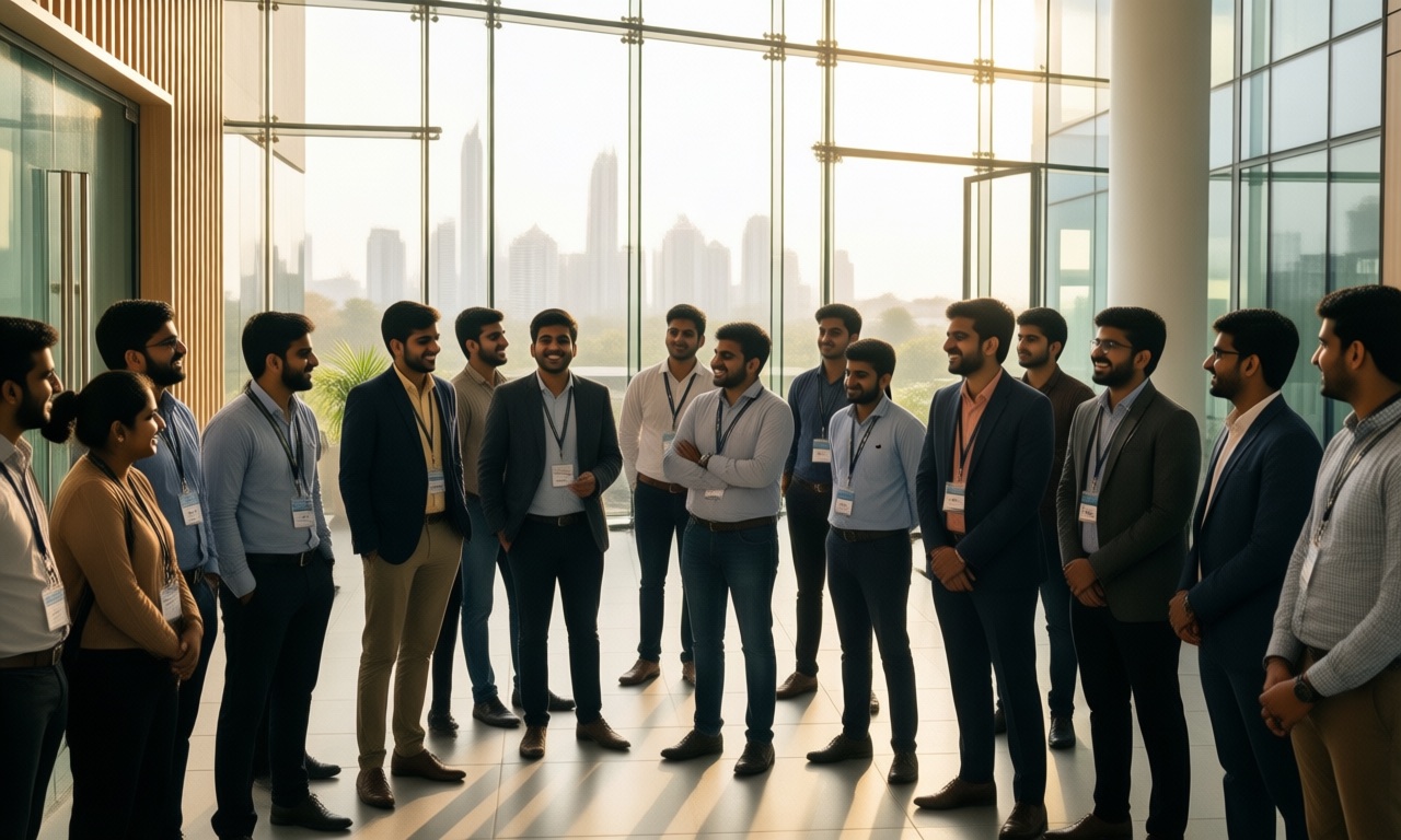 New employees at a modern Indian IT company campus orientation session, documentary style, warm natural light