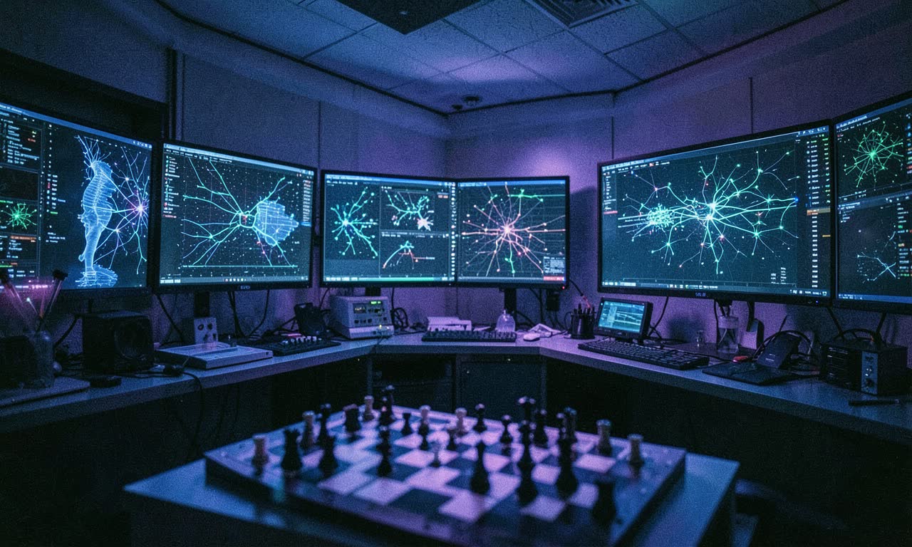 A research laboratory with glowing neural network visualizations on multiple screens, dark blue lighting, documentary style